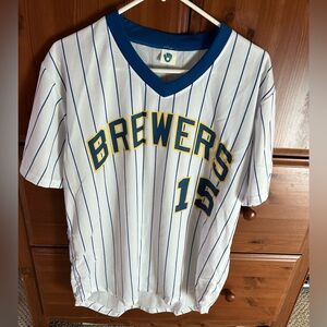 Vintage-style Milwaukee Brewers baseball jersey was a promotional giveaway.